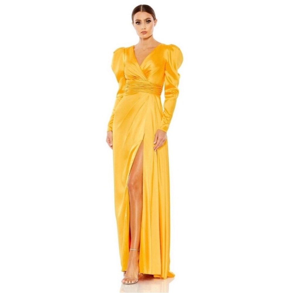 NWT Mac Duggal Faux Wrap Long Sleeve A Line Gown Dress Marigold size 6 12404